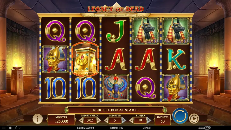 Legacy of Dead med fem hjul: Anubis, Tutankhamun, Horus og kortsymboler i et egyptisk gravkammer
